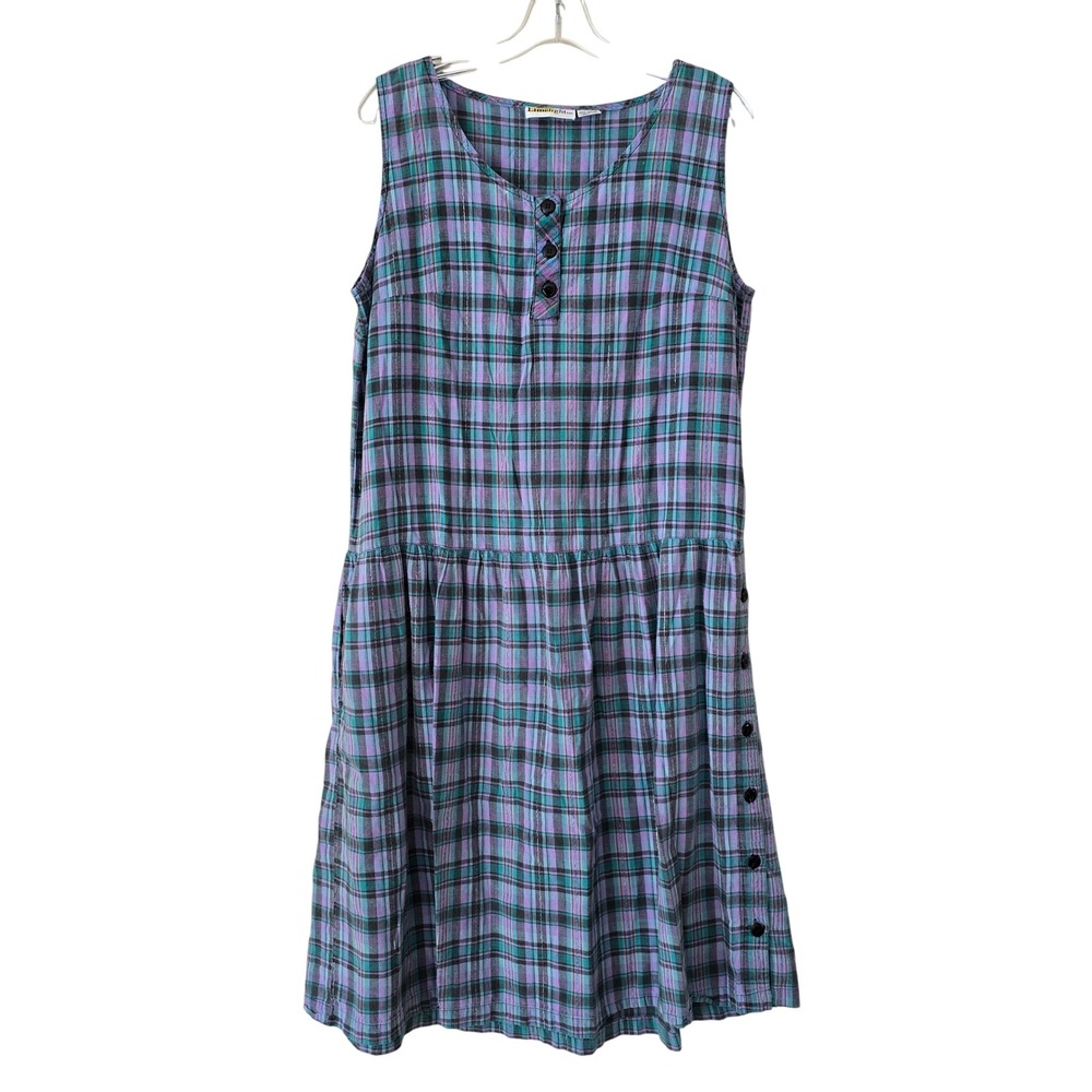 Limelight Purple Teal Plaid Cotton Drop Waist Henley Midi Dress Womens 16W/36